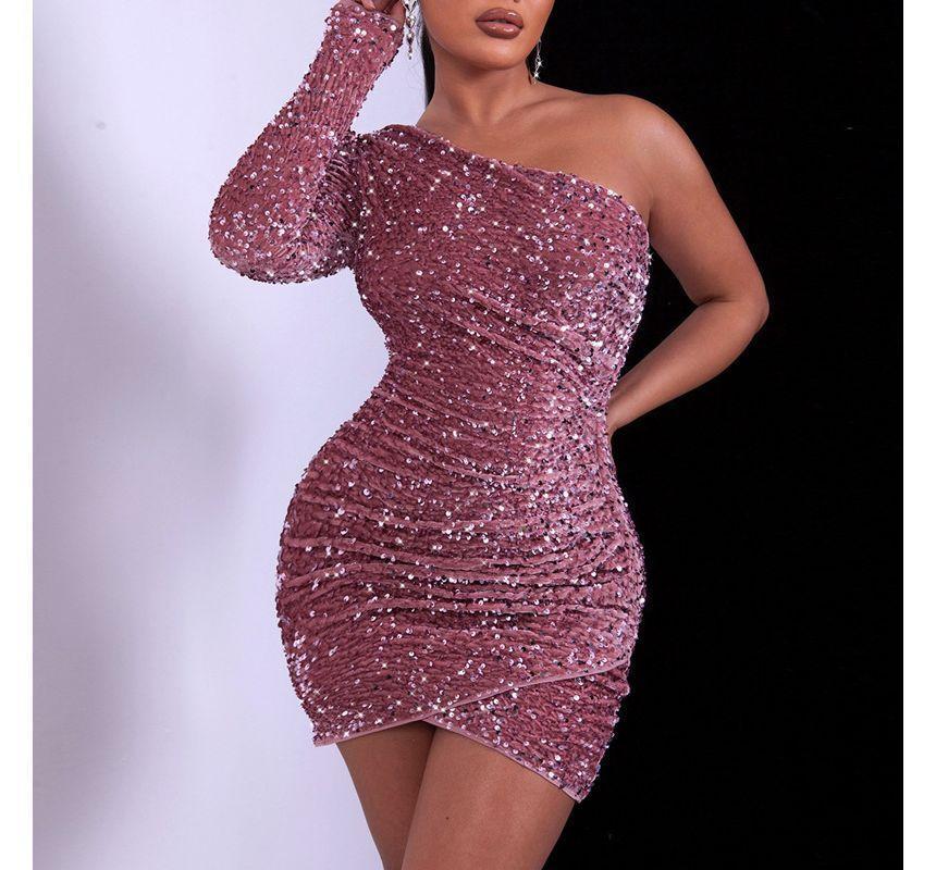 Long Sleeve One-Shoulder Glitter Mini Bodycon Dress Product Image