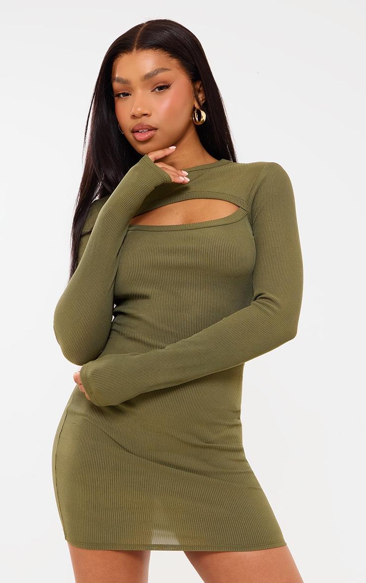 Pale Khaki Rib Detail Cut Out Long Sleeve Bodycon Dress Product Image