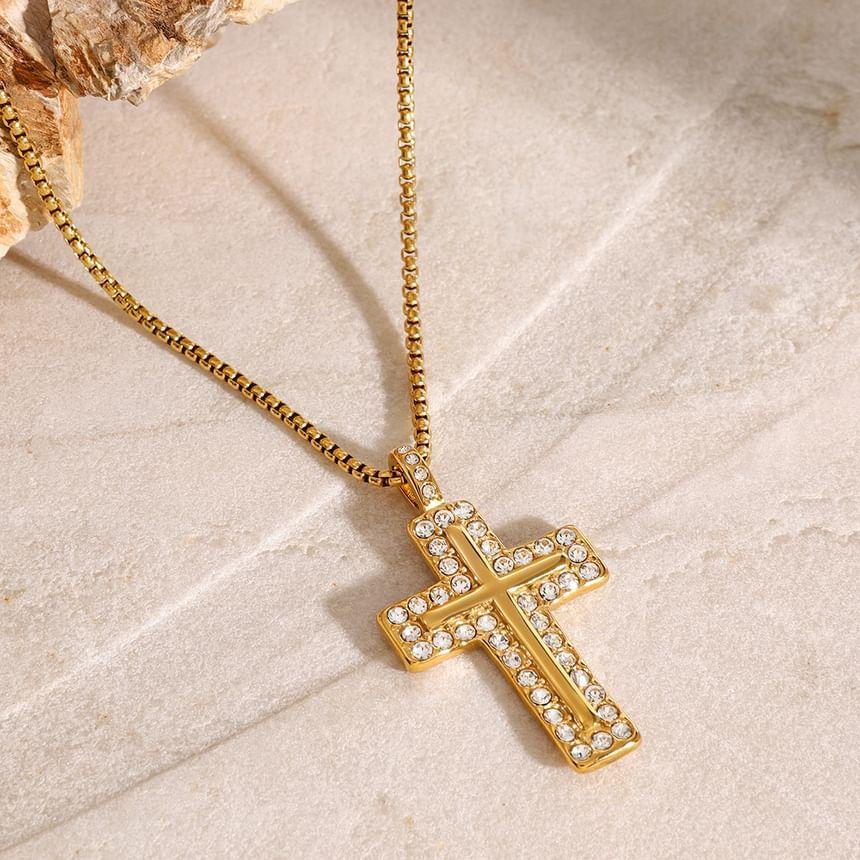 CZ Cross Pendant Stainless Steel Necklace Product Image