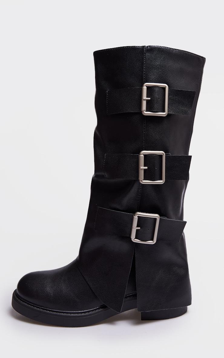 Black Pu Round Toe Triple Buckle Fold Over Knee Boots Product Image