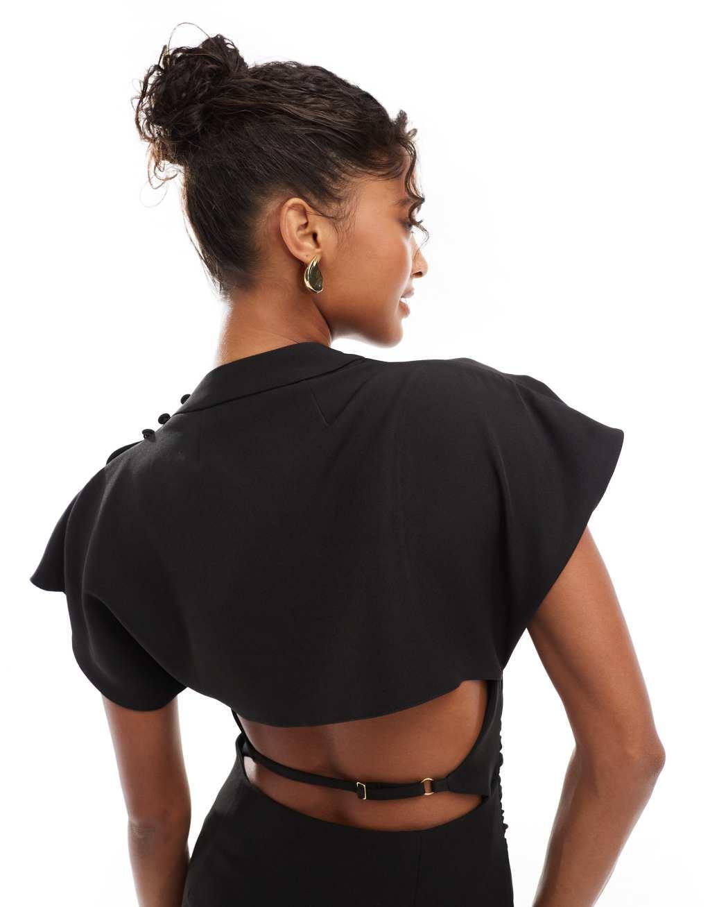 ASOS DESIGN grown on sleeve high neck mini dress with open back detail in black Product Image