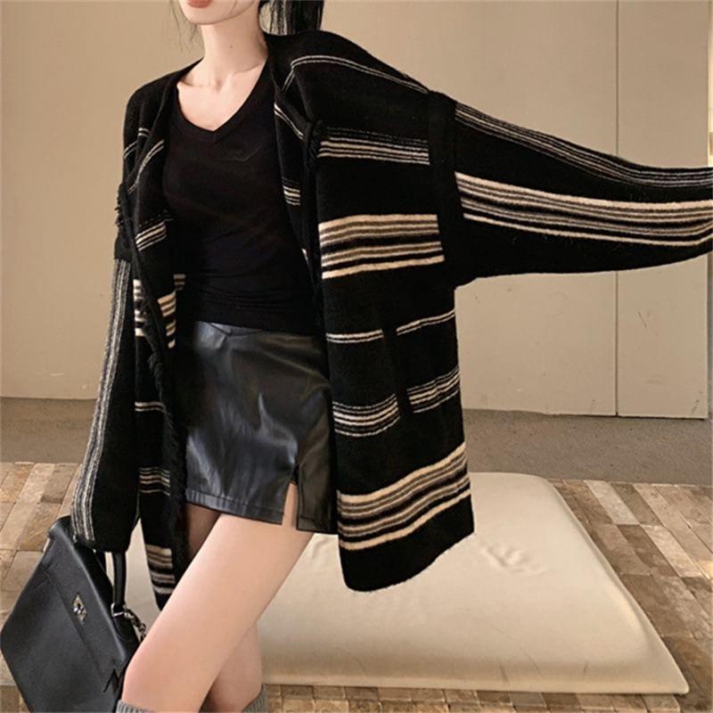 Striped Fringe Open Front Cardigan Product Image