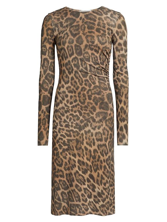 Womens Leopard Mesh Long-Sleeve Midi-Dress Product Image