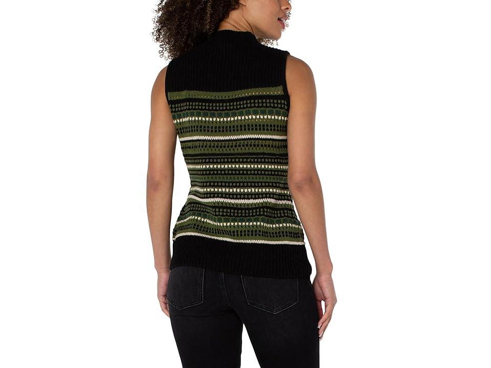 Liverpool Sleeveless Mock Neck Lace Stitch Stripe (Green Multi/Black) Women's Clothing Product Image