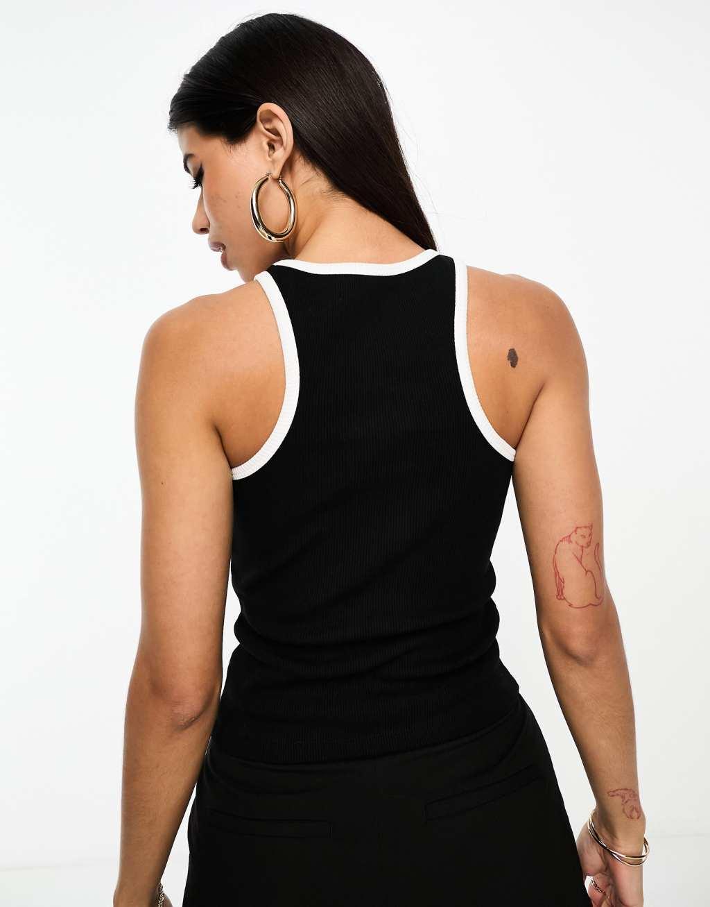 4th & Reckless embroidered logo ribbed tank top with contrast pipping in black Product Image