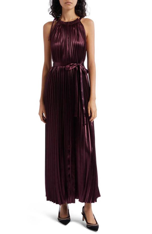 Amiko Pleated Halter Maxi Dress In Mahogany Product Image