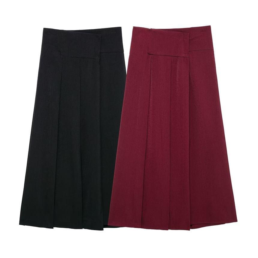 High Waist Plain Midi Pleated A-Line Skirt product image