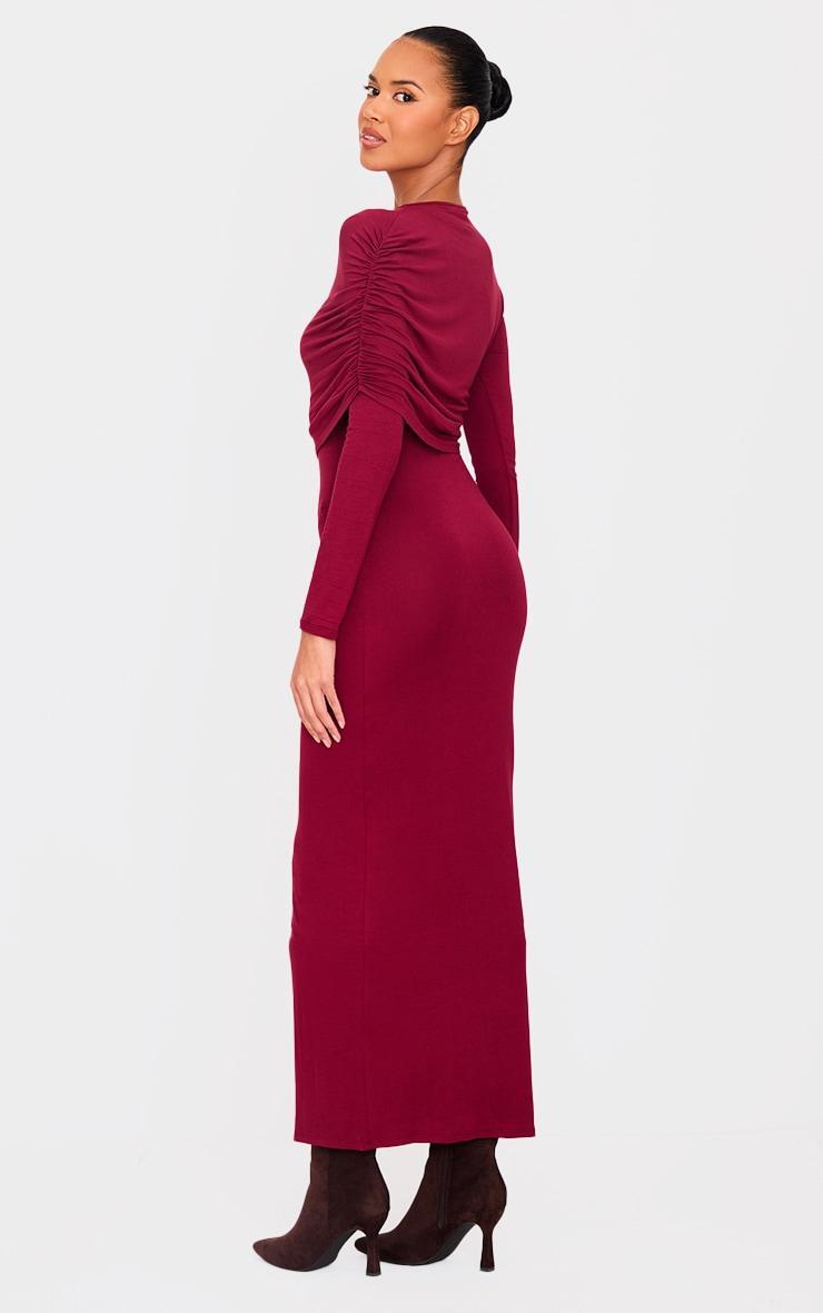 Burgundy Ruched Overlay Long Sleeve Maxi Dress Product Image