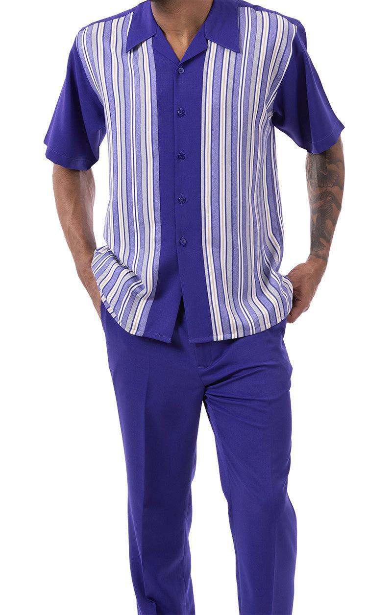 Purple Tone on Tone Stripes Walking Suit 2 Piece Short Sleeve Set Product Image