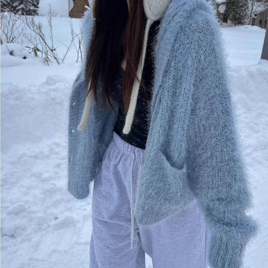 Plain Hooded Fluffy Cardigan Product Image