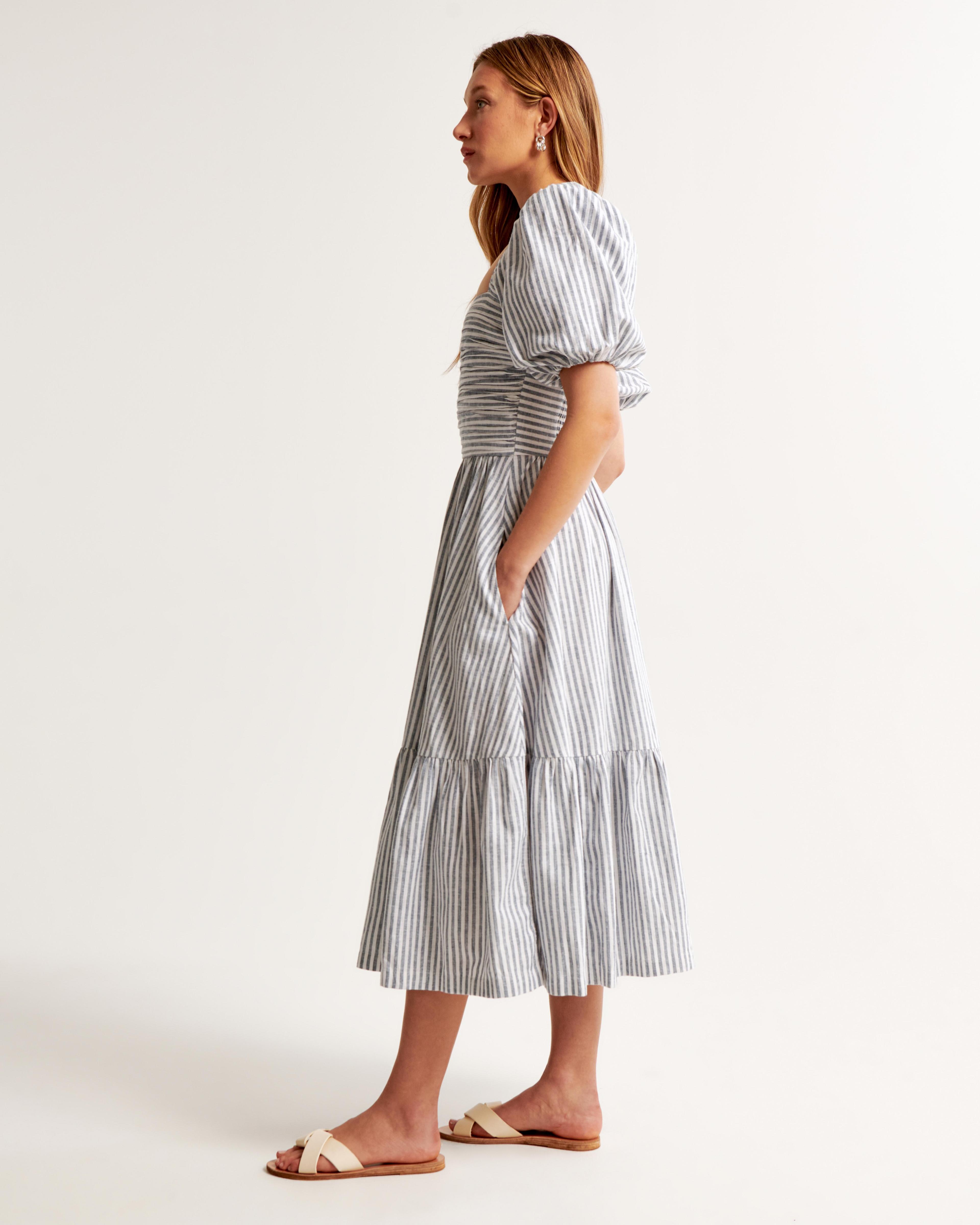 The A&F Emerson Linen-Blend Puff Sleeve Midi Dress Product Image