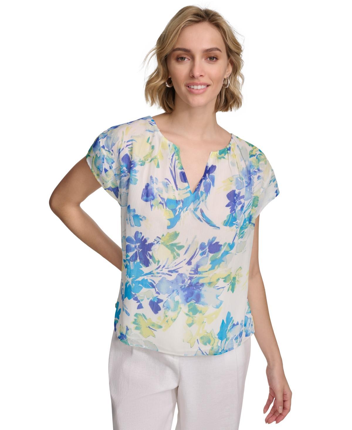 Calvin Klein Womens Short Sleeve Floral-Print Blouse Product Image