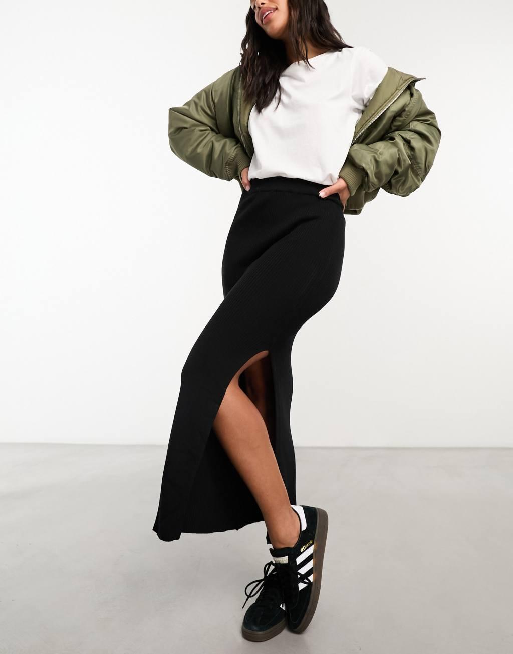 ASOS DESIGN knitted rib midi skirt in black - part of a set Product Image