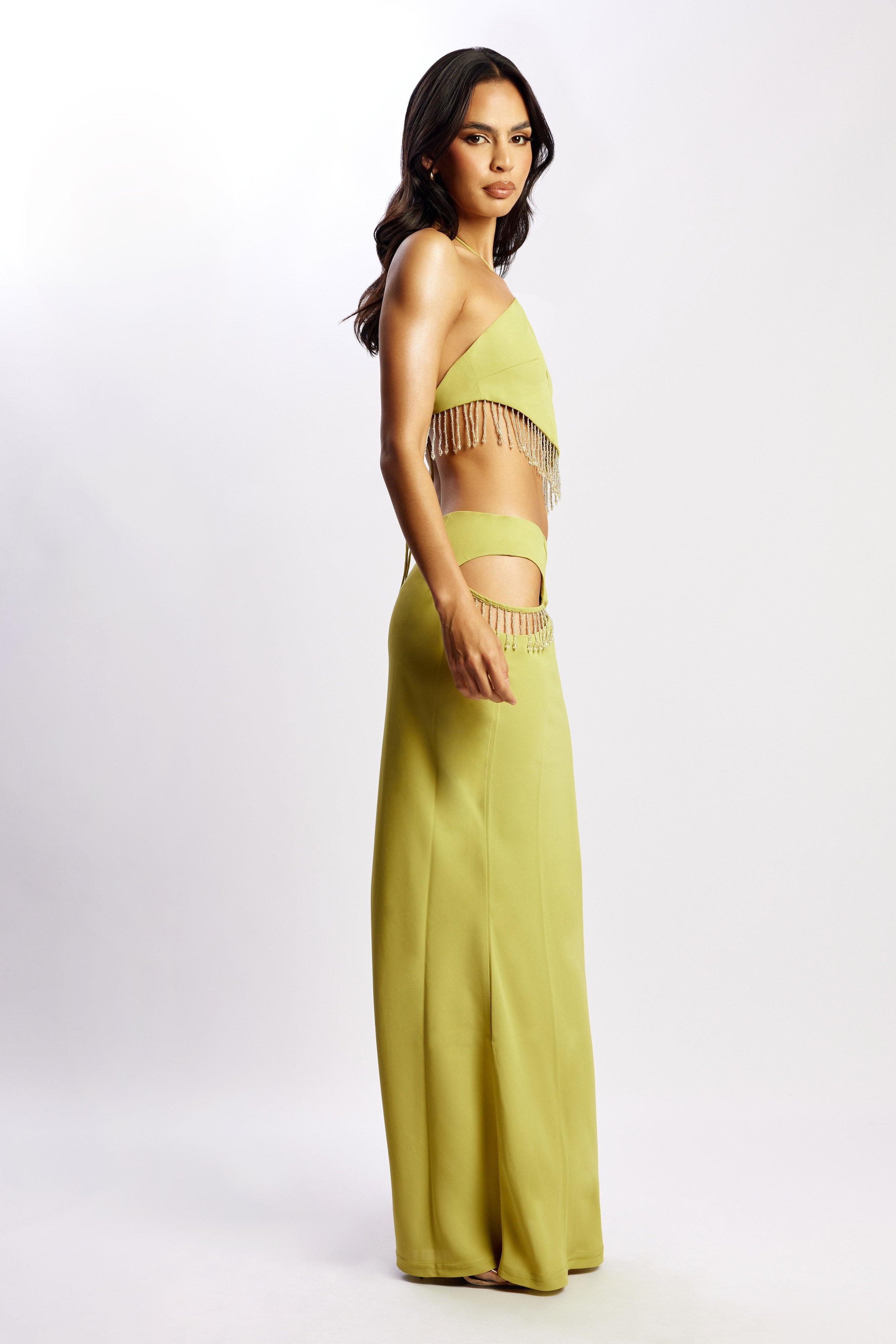 Jayleen Maxi Skirt With Fringe - Chartreuse Product Image