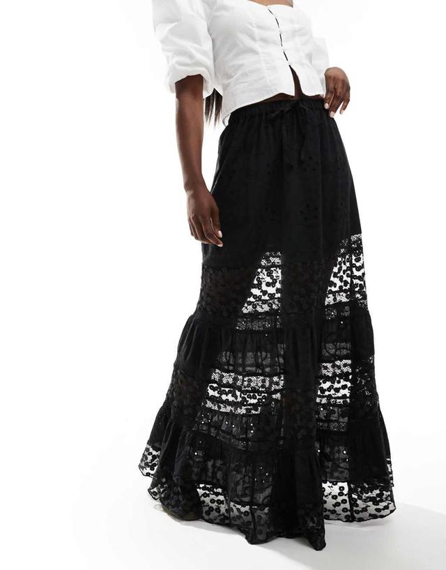 Miss Selfridge broderie lace insert tiered prairie maxi skirt in black Product Image