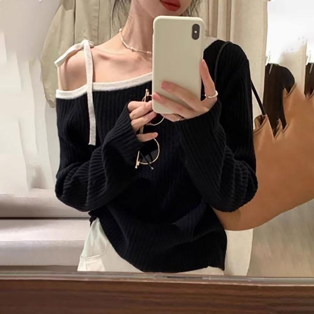 Long-Sleeve Cold Shoulder Contrast Trim Ribbed Knit Top Product Image