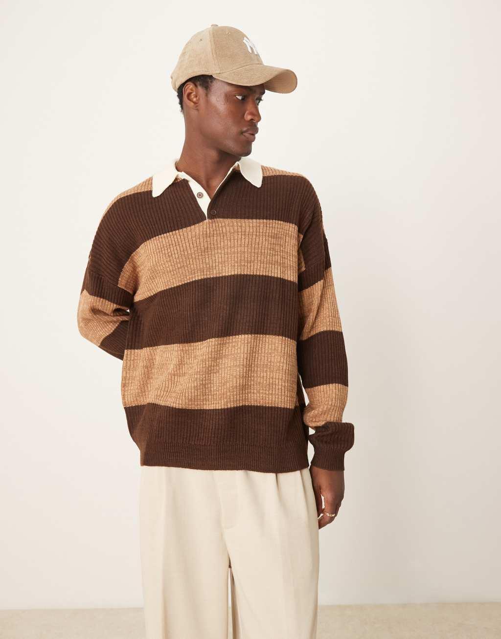 ASOS DESIGN relaxed knit rugby polo shirt in heathered brown stripe Product Image