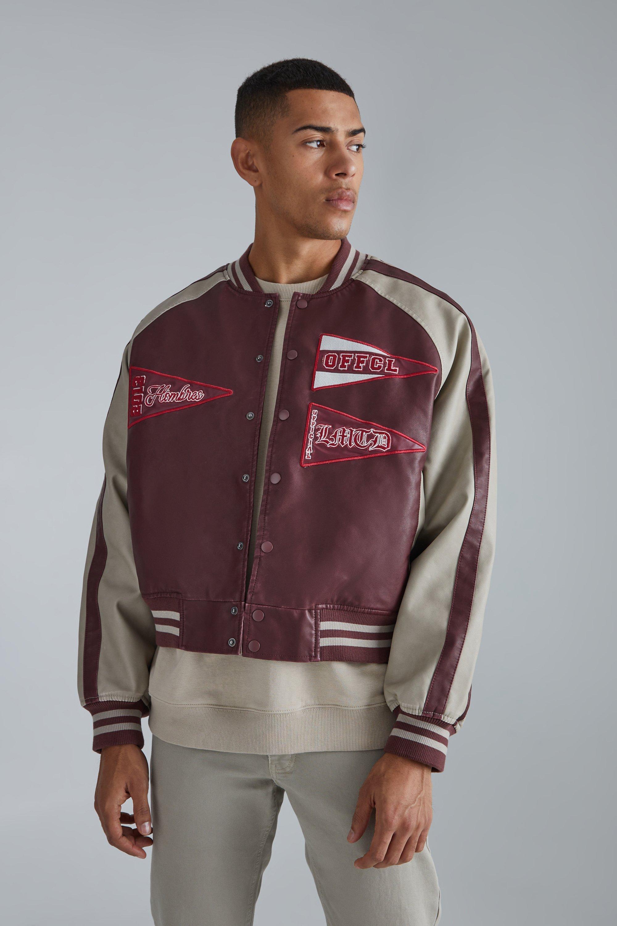 Boxy Tumbled Pu Pannelled Varsity Jacket | boohooMAN USA Product Image