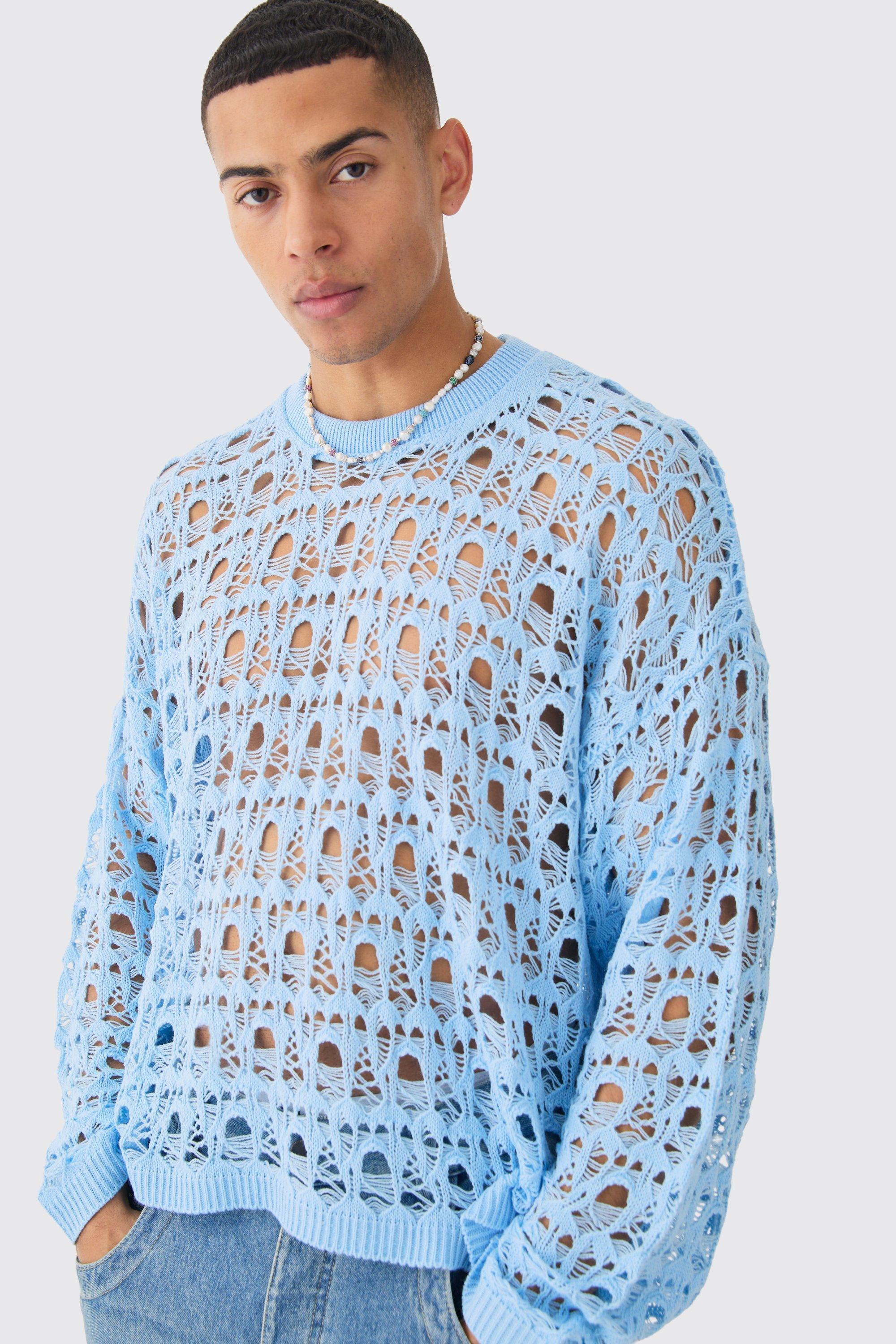 Mens Oversized Boxy Drop Shoulder Open Knit Jumper In Blue, Blue Product Image