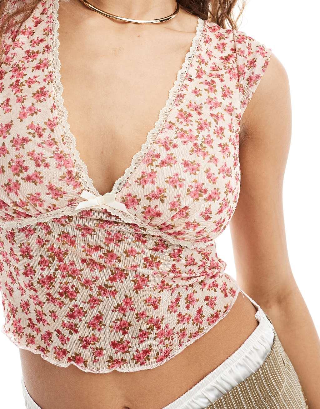 Motel gardenia print bow detail mesh top in multi pink Product Image