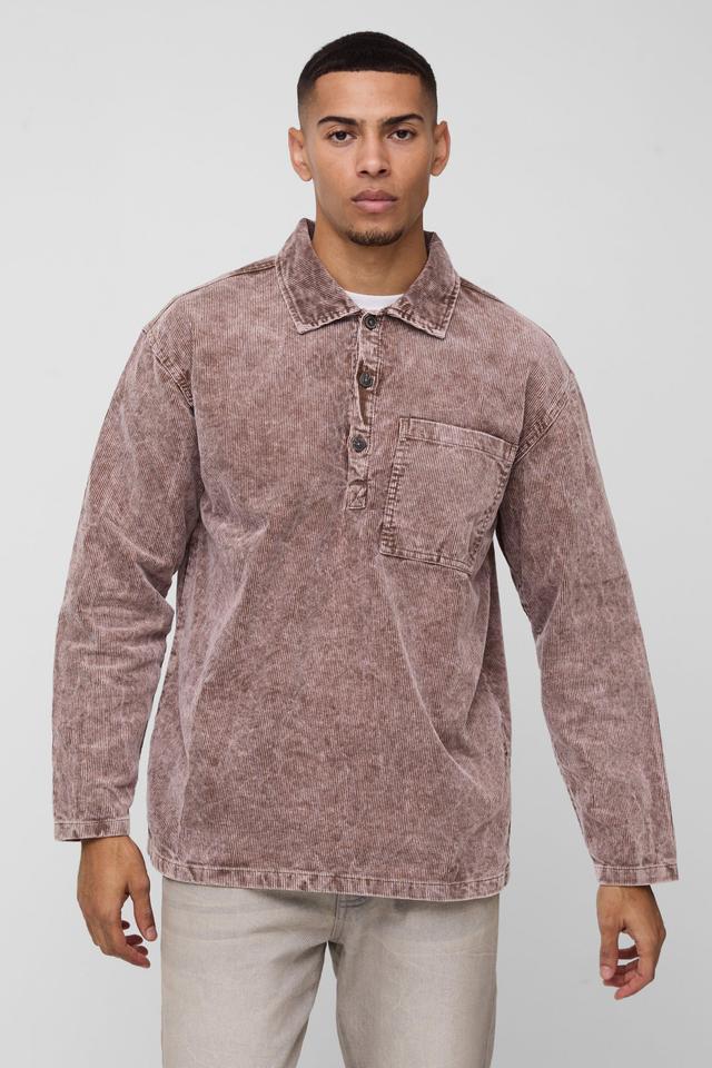 Oversized Acid Wash Cord Rugby Shirt | boohooMAN USA Product Image