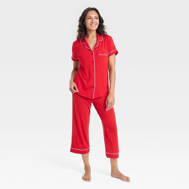 Womens Cloud Knit Short Sleeve Notch Collar Top and Cropped Pants Pajama Set - Auden Red XL Product Image