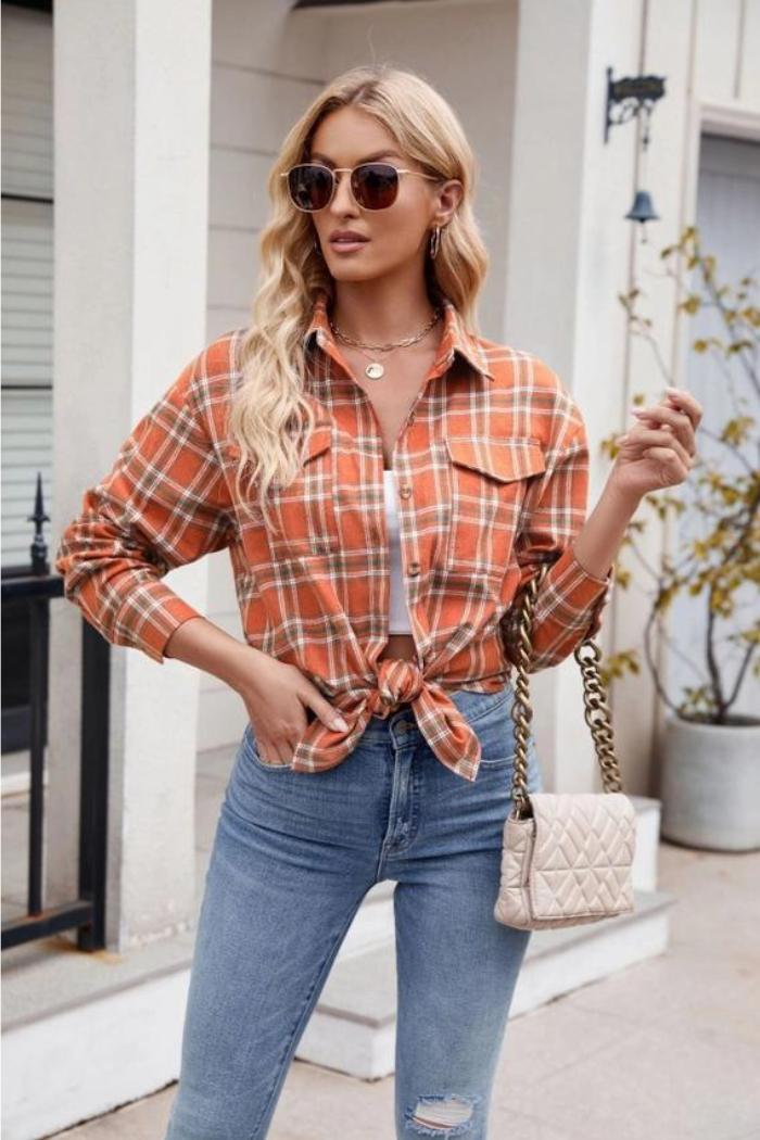 Women's New Casual Fashion Loose Plaid Pocket Shirt Product Image