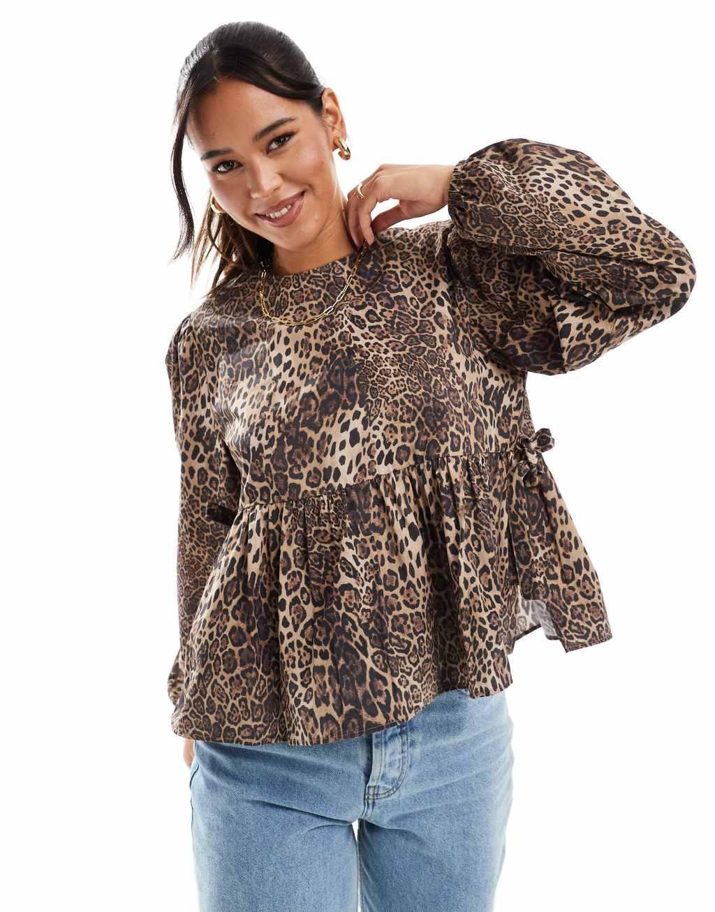 ASOS DESIGN poplin tie side smock blouse in leopard print Product Image