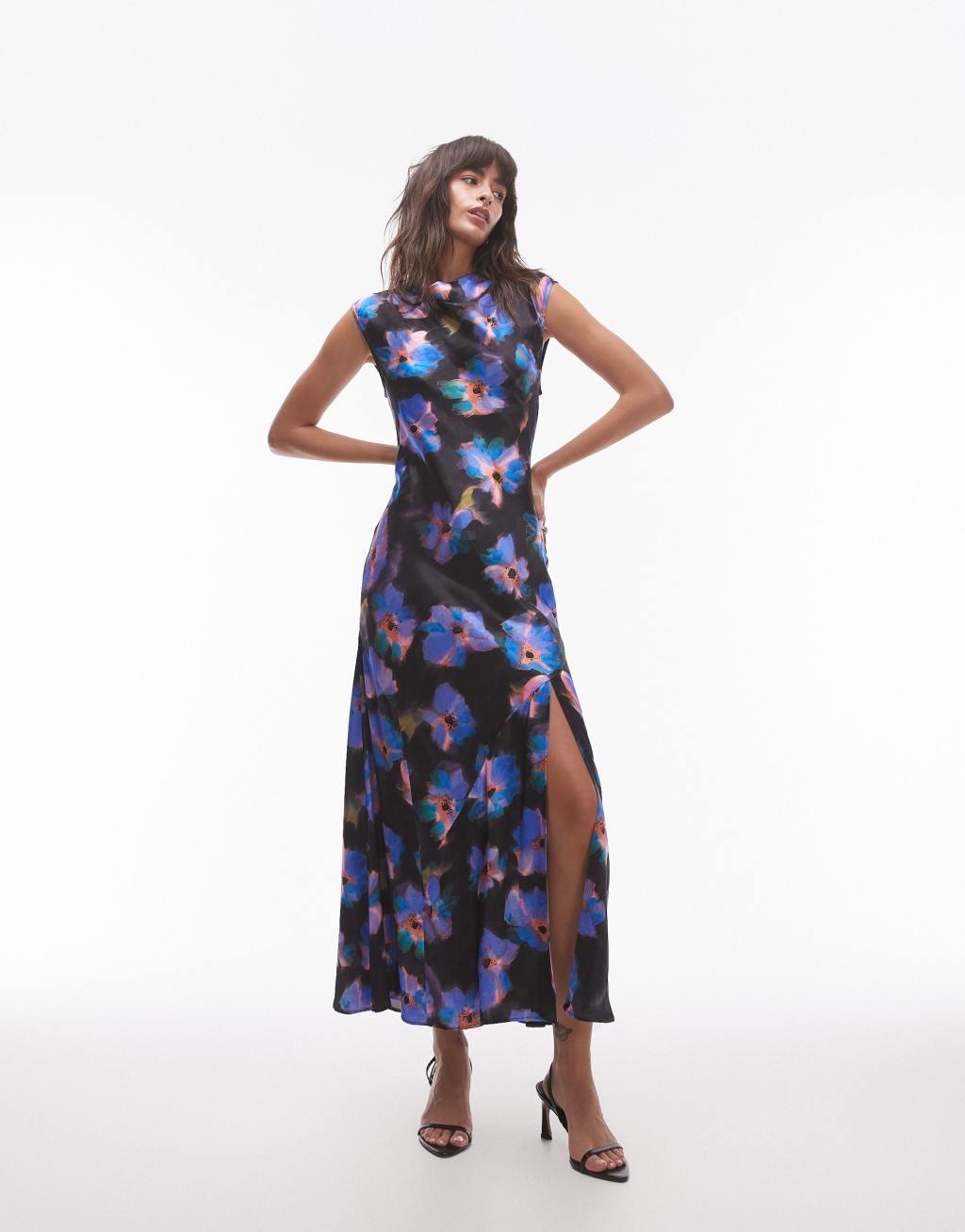 Topshop drape neck maxi dress in large purple floral Product Image