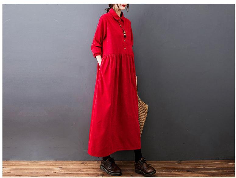 Long Sleeve Collared Plain Button Corduroy Maxi A-Line Dress Product Image