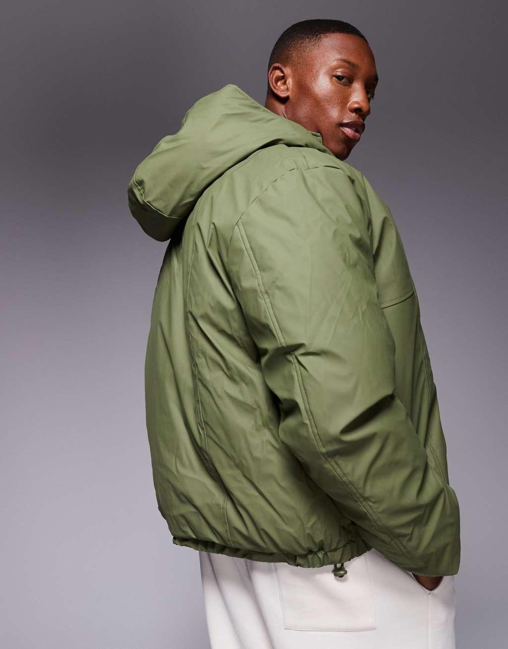 ASOS DESIGN rain resistant rubberized puffer jacket in green Product Image