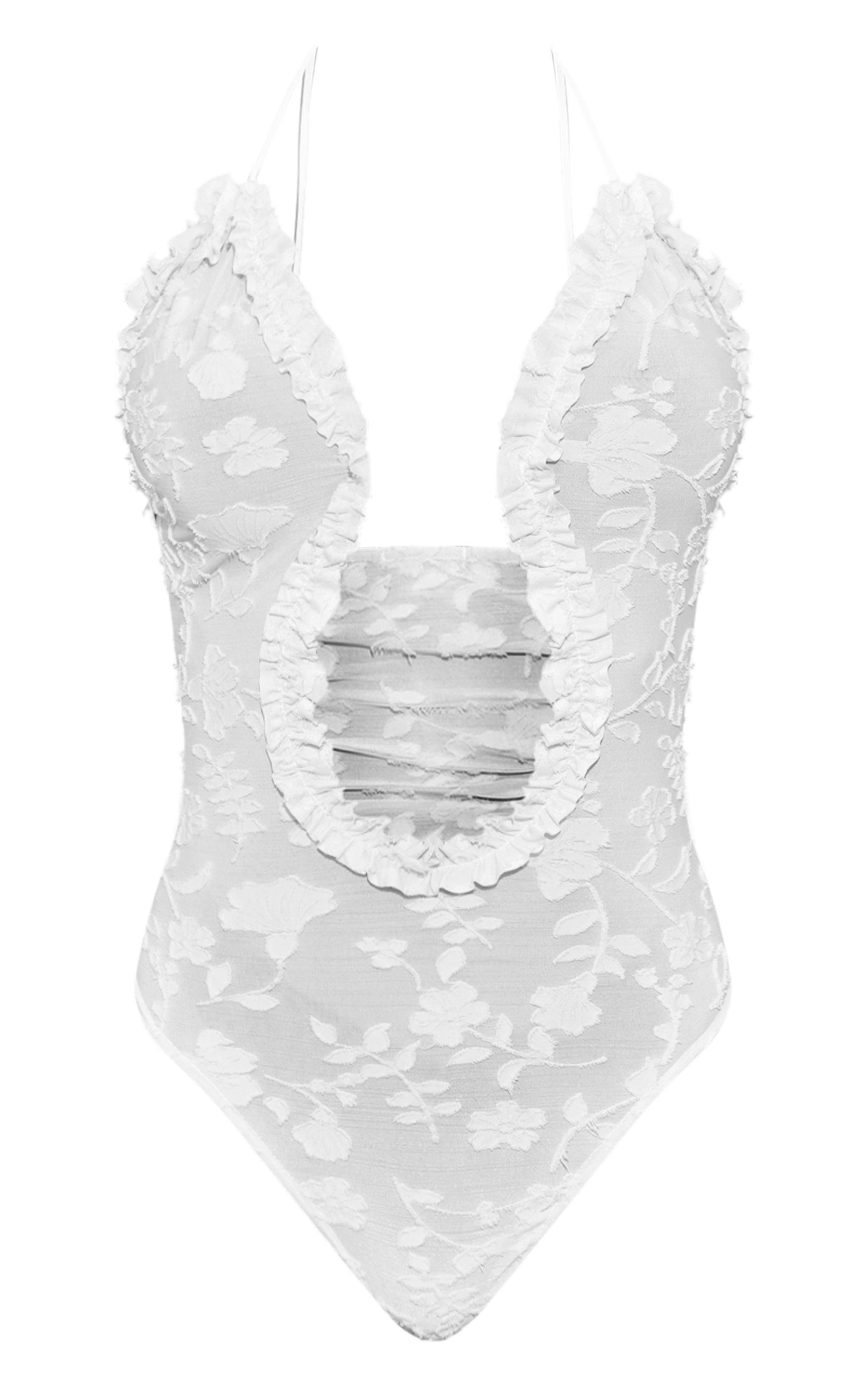 Cream Textured Ruffle Cut Out Detail Bodysuit Product Image