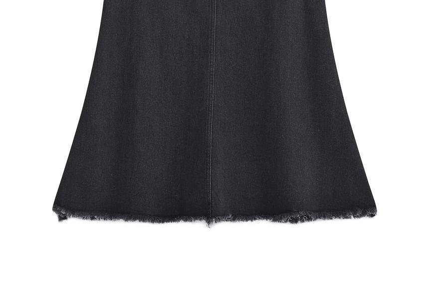 High Waist Fringed Hem Denim Maxi Mermaid Skirt Product Image