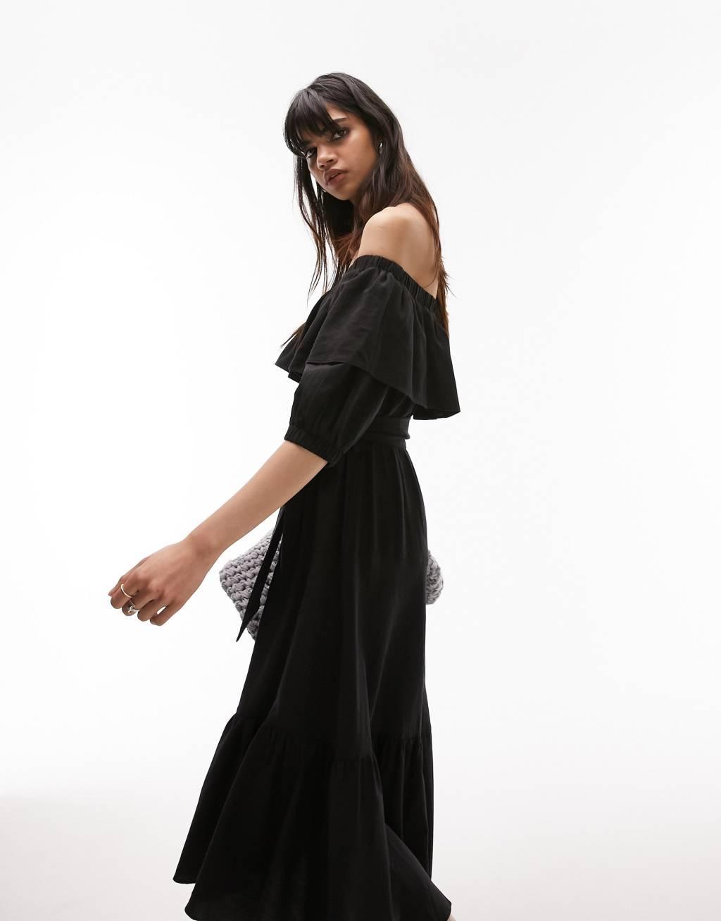 Topshop bardot midi dress in black Product Image