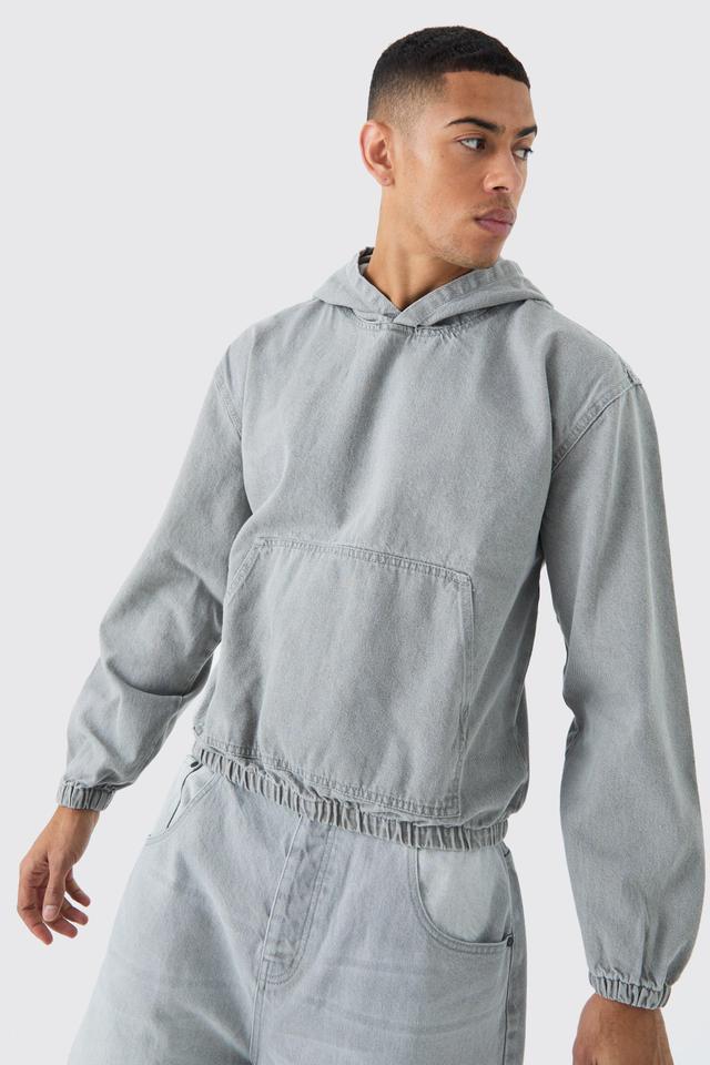 Mens Grey Denim Boxy Fit Hoodie, Grey Product Image