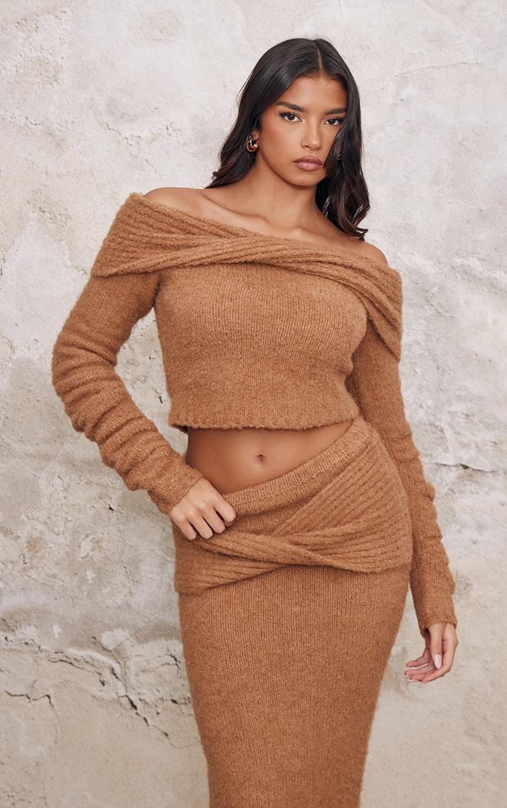 Mocha Soft Bobble Knit Bardot Foldover Top Product Image