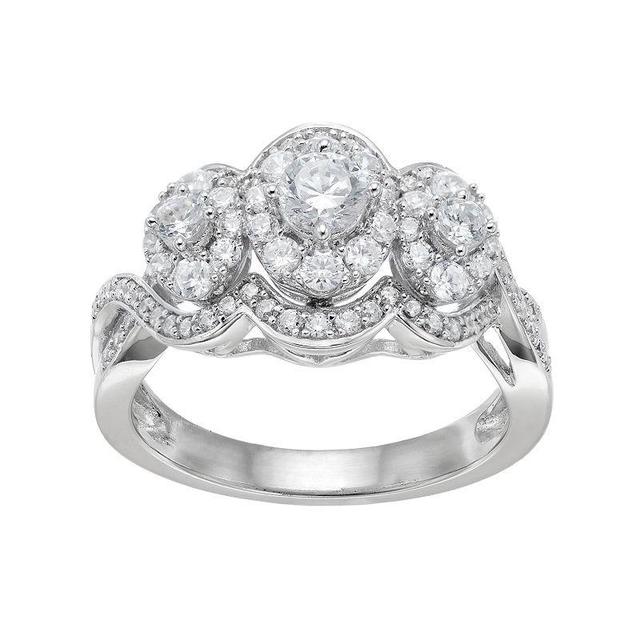 10k White Gold 1 Carat T.W. Diamond 3-Stone Halo Engagement Ring, Womens Product Image