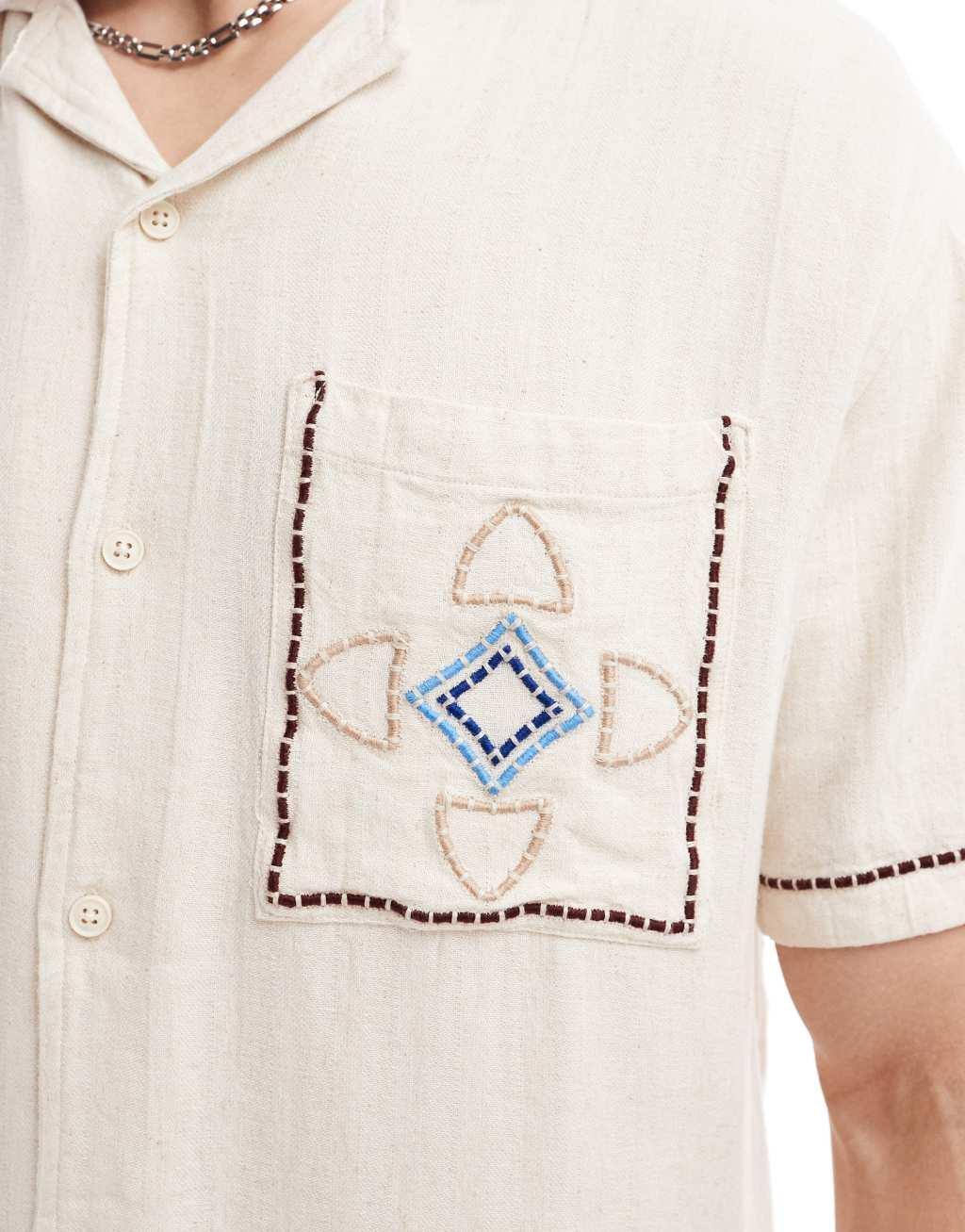 Bershka abstract embroidered shirt in ecru Product Image