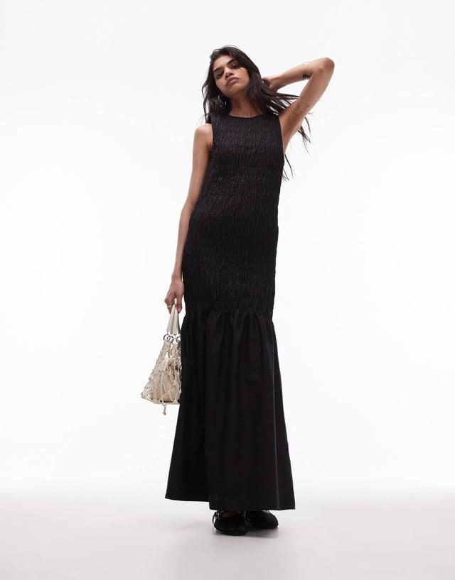 Topshop shirred maxi dress with contrast top stitch in black Product Image