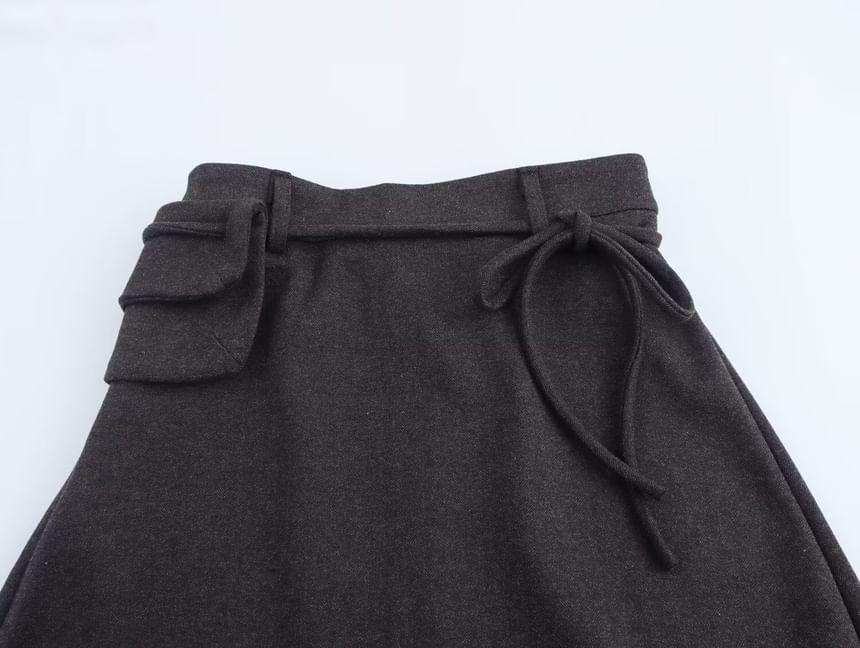 Drawstring Waist Plain Pocket Detail Midi A-Line Skirt Product Image