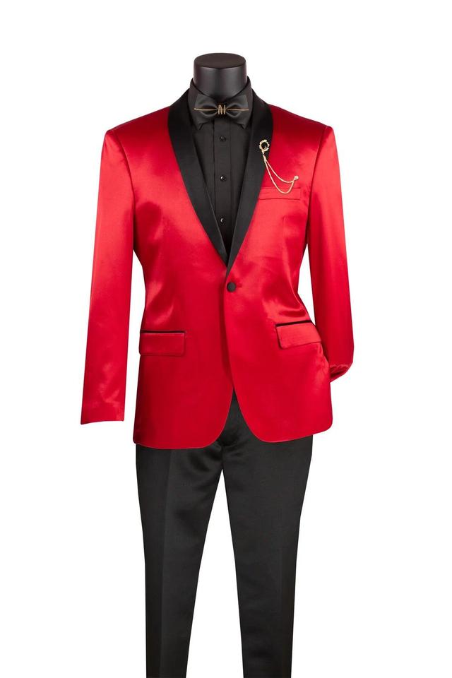 Red Slim Fit Blazer Stretch Sateen 1 Button With Narrow Shawl Lapel Product Image