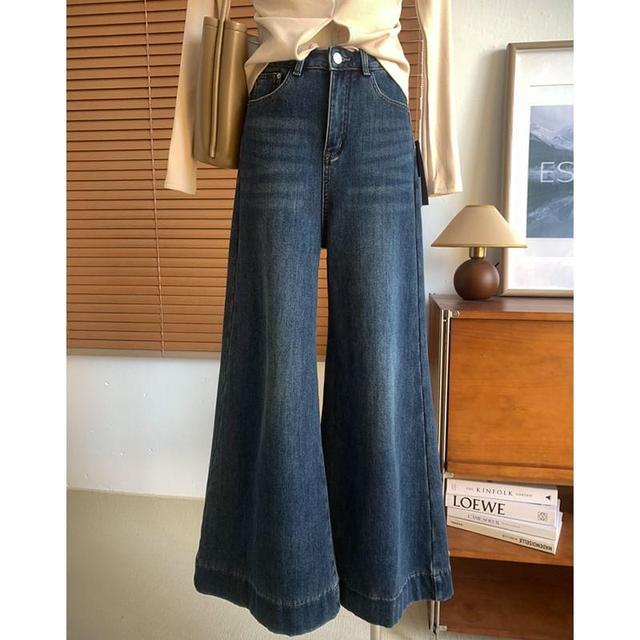 High Waist Washed Fleece-Lined Flared Jeans Product Image