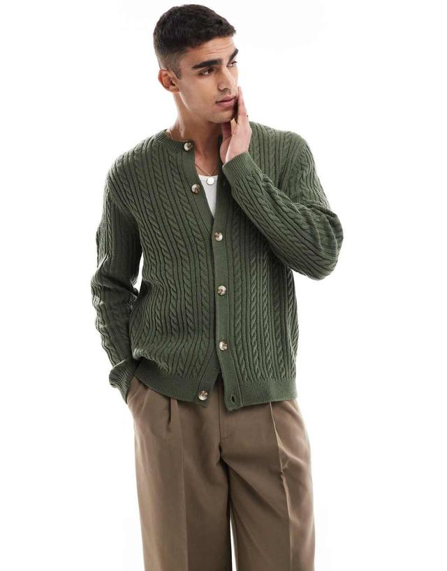 ASOS DESIGN cable knit crew neck cardigan in green Product Image