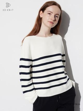 Womens 3D Knit Cotton Striped Sweater Off White XL UNIQLO US Product Image