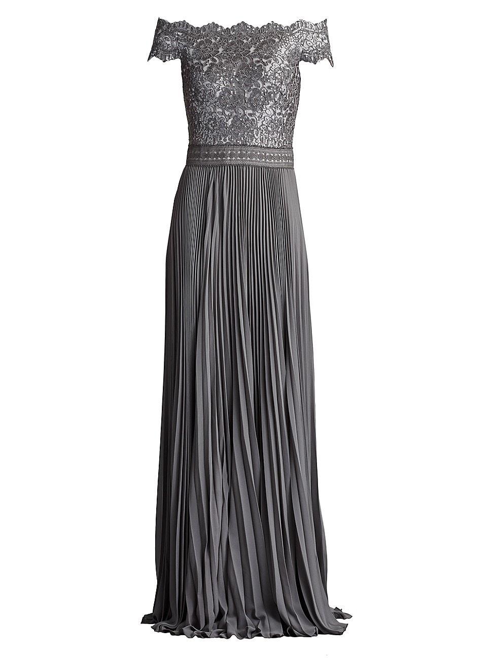 Womens Sequin Corded Lace Pleated Chiffon Gown Product Image