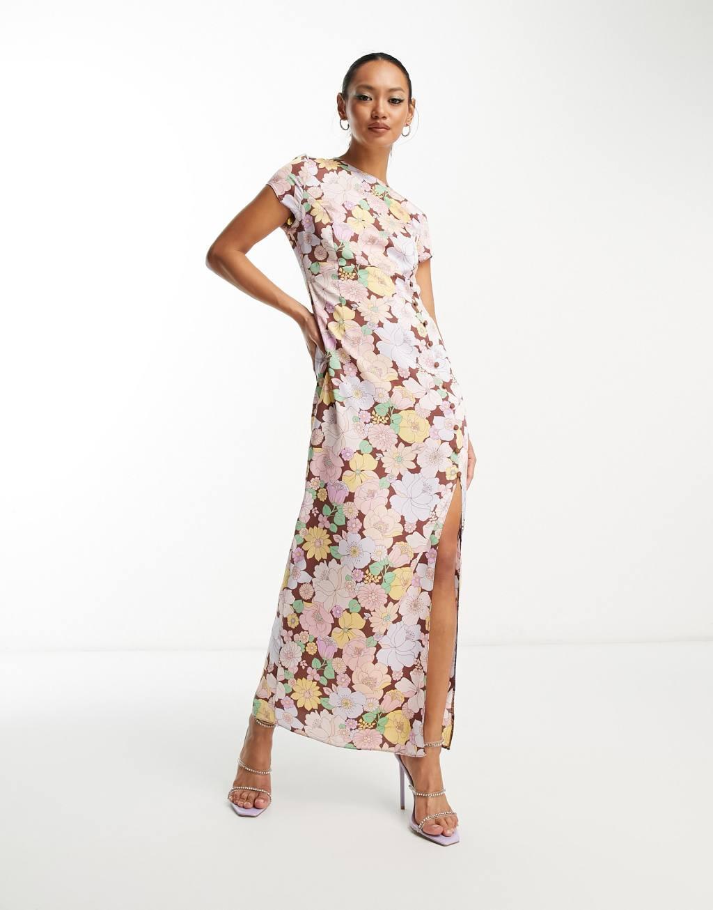 ASOS DESIGN button side detail satin midi tea dress in bold floral print Product Image