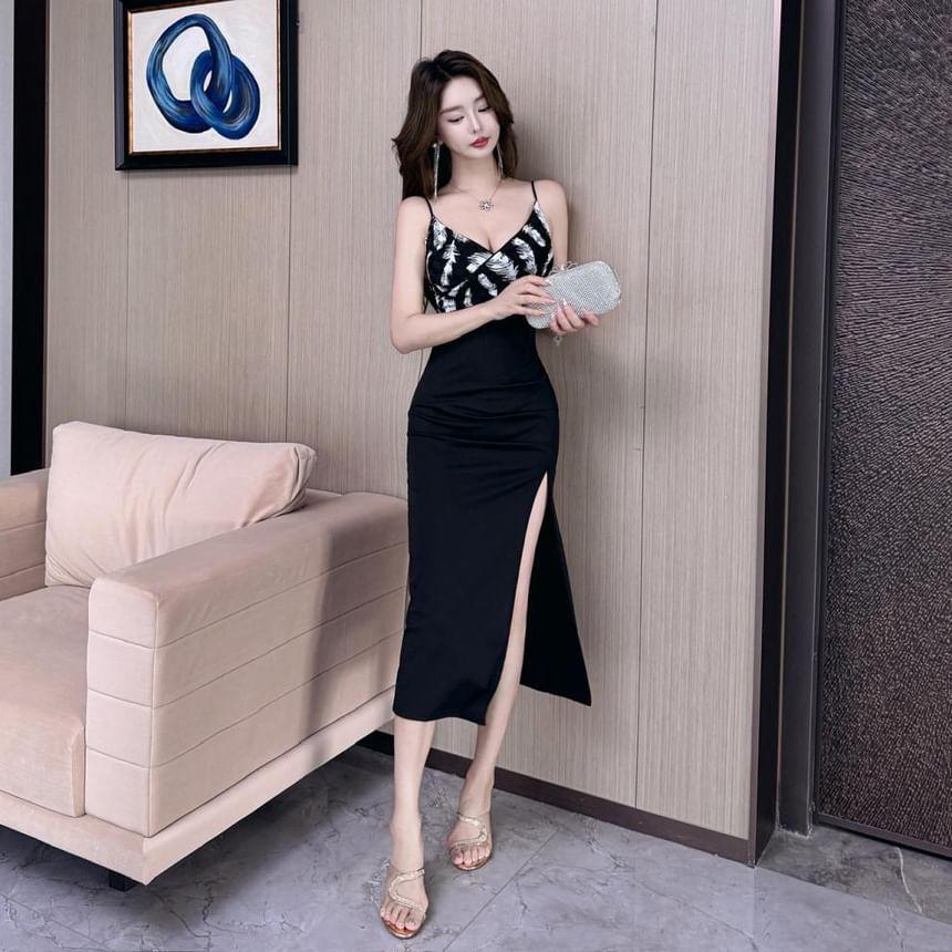 Spaghetti Strap V-Neck Feather Print Slit Panel Midi Sheath Dress Product Image