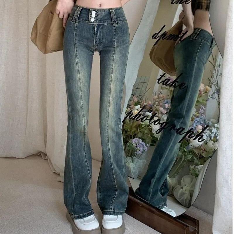 Low Waist Washed Slim-Fit Boot-Cut Jeans Product Image