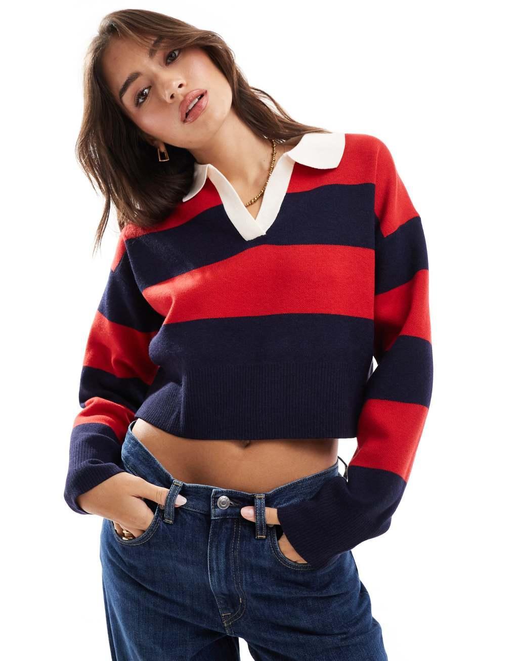 Bershka striped polo neck sweater in red Product Image