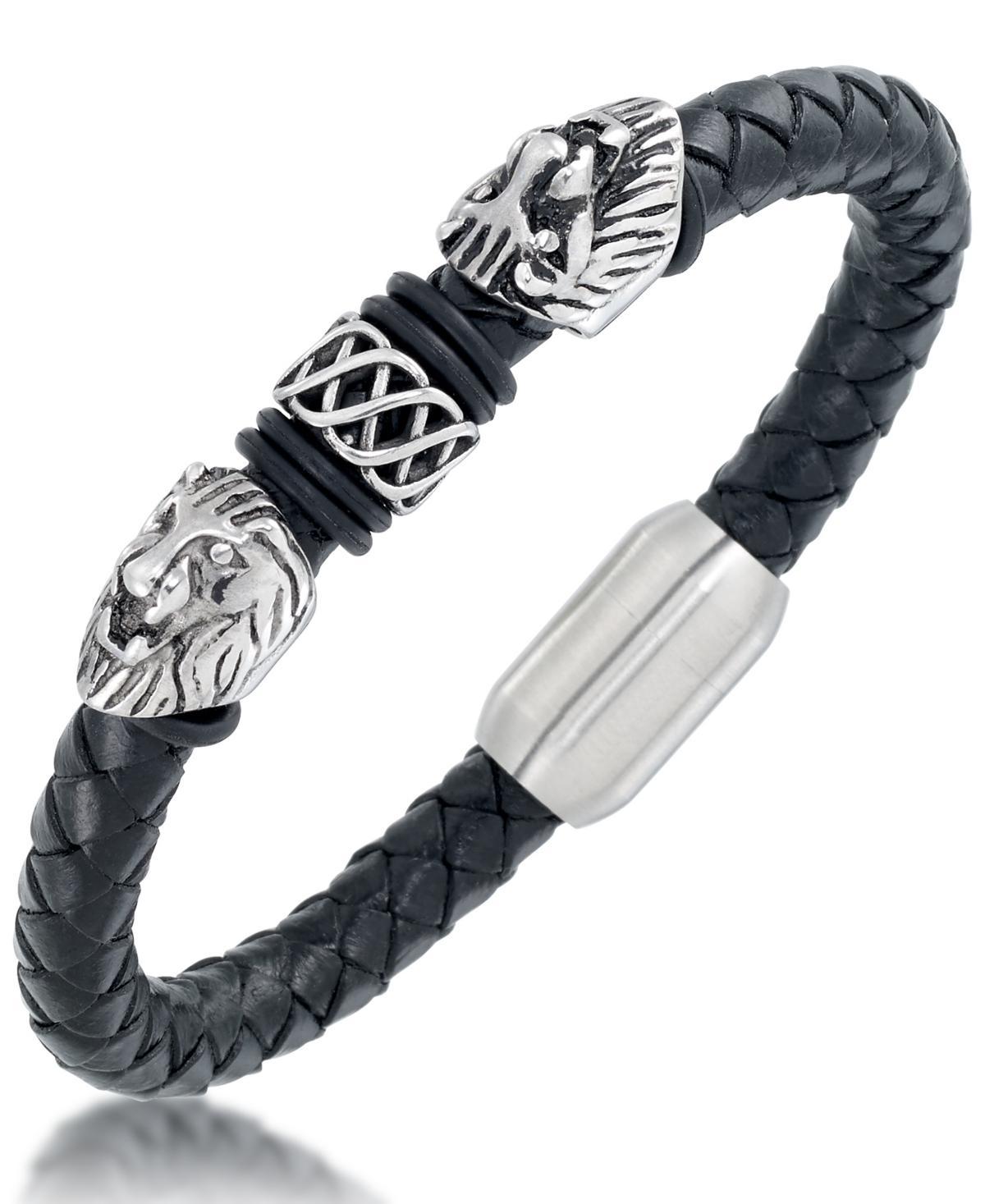 Andrew Charles by Andy Hilfiger Mens Black Leather Lion Head Bracelet in Stainless Steel Product Image